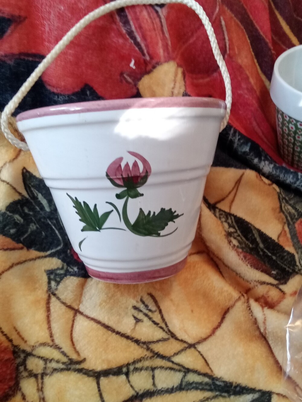 #1565 White Floral Ceramic Bucket with Rope Handle - Pink Accents